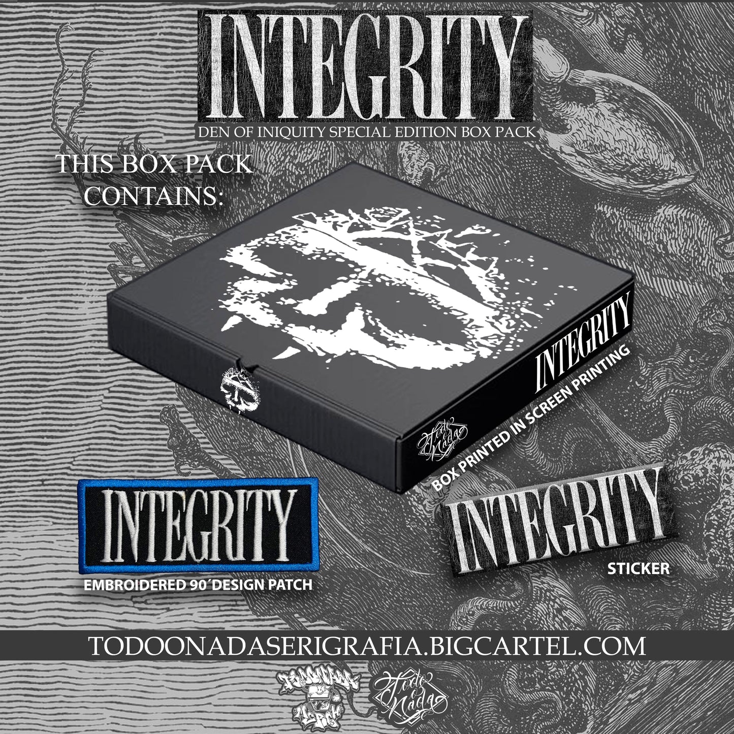 INTEGRITY den of iniquity box pack / polera color mango ( t shirt + parche bordado )